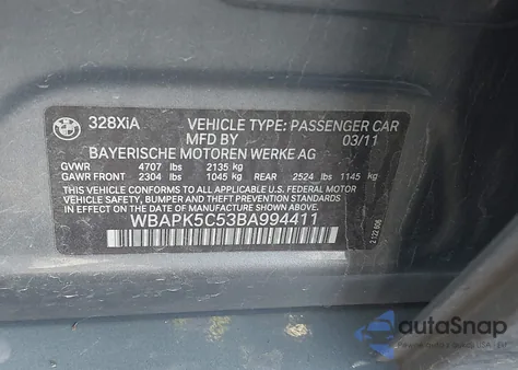 2011 BMW 328I xDrive z USA, uszkodzony, nr VIN WBAPK5C53BA994411